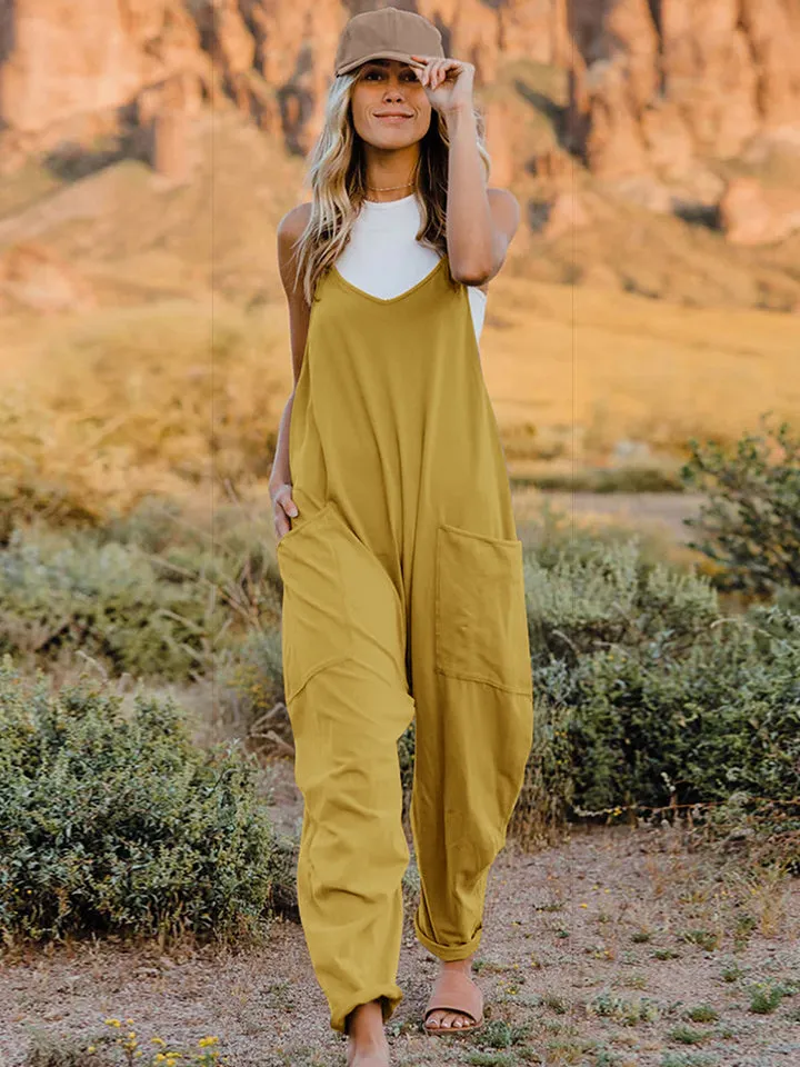 Double Take Sleeveless V-Neck Pocketed Jumpsuit - Opaque, Comfortable, and Stylish