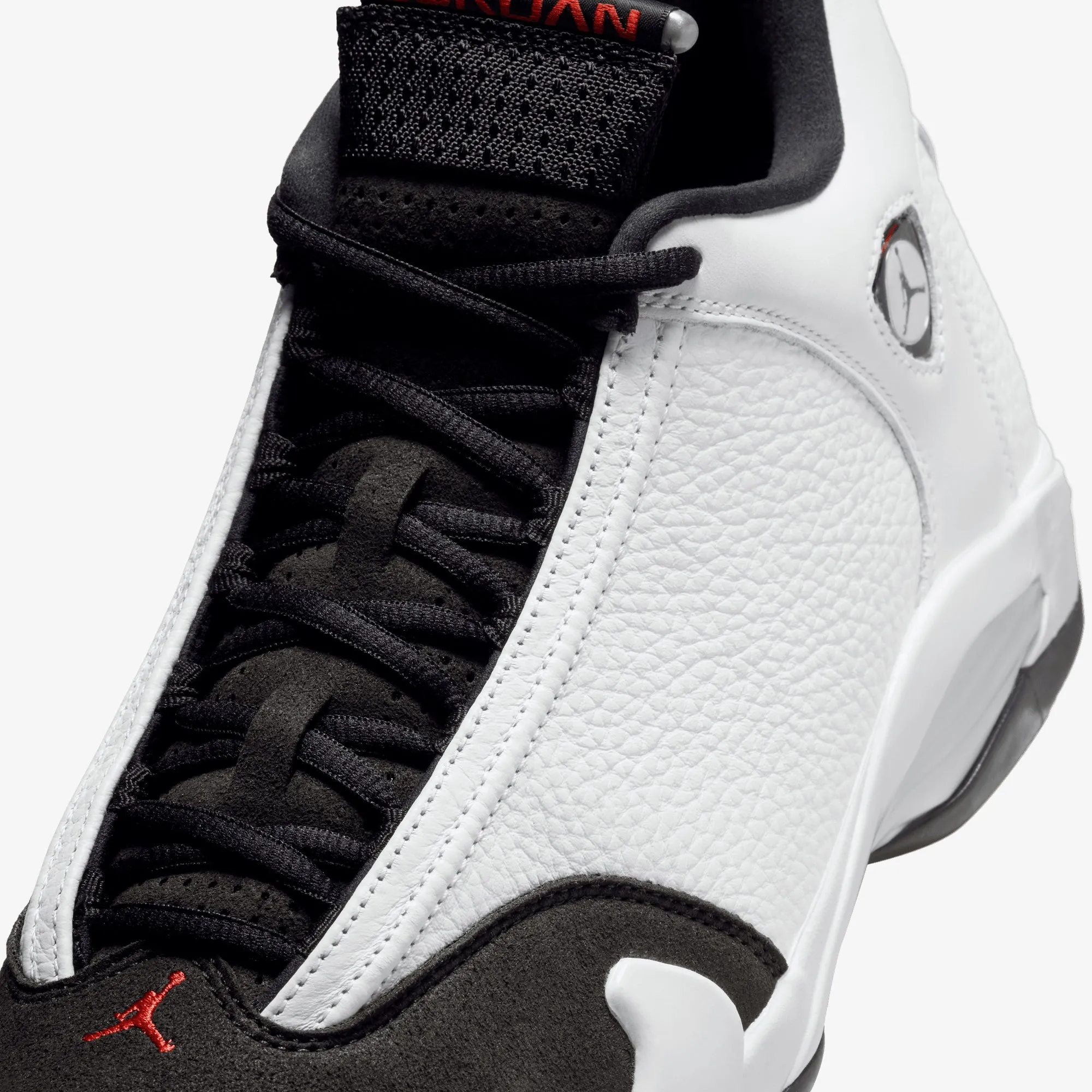 JORDAN | AIR JORDAN 14 RETRO "BLACK TOE" { WHITE/VARSITY RED-BLACK-METALLIC SILVER