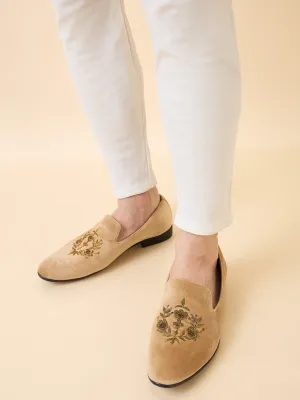 Regal Beige Men Embroidered Suede Loafers