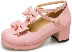VOKLIN Women's Girls Sweet Bow Lolita Mary Janes Pumps T-Strap Platform Block Mid Heels Oxford Dress Shoes